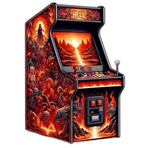 pixel art, fire, arcade, machine, featuring, infernal, theme, depicted transparent PNG cut-out