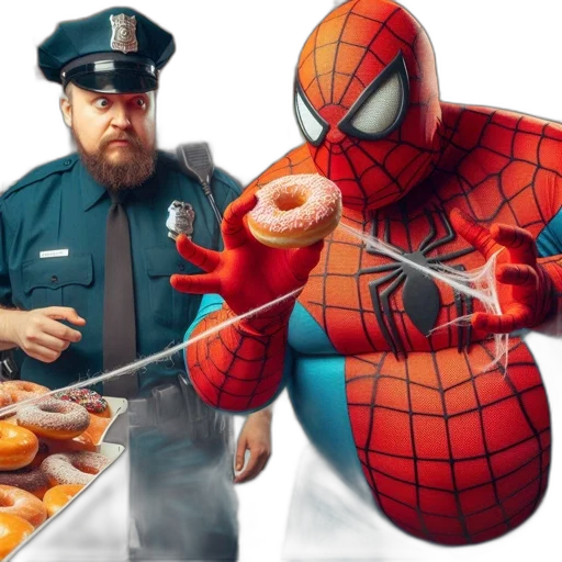 food, concept art, comic book art, police, officer, spider-man, share, playful transparent PNG cut-out