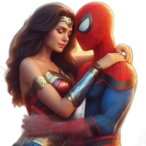 comic book art, concept art, fantasy art, photorealistic, wonder, woman, spider-man, embrace transparent PNG cut-out