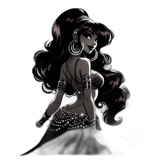 dress, hair, crown, concept art, fantasy art, comic book art, cartoon, monochrome transparent PNG cut-out