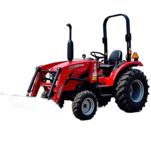 red, tractor, black, plow, attachment, parked, concrete, surface transparent PNG cut-out