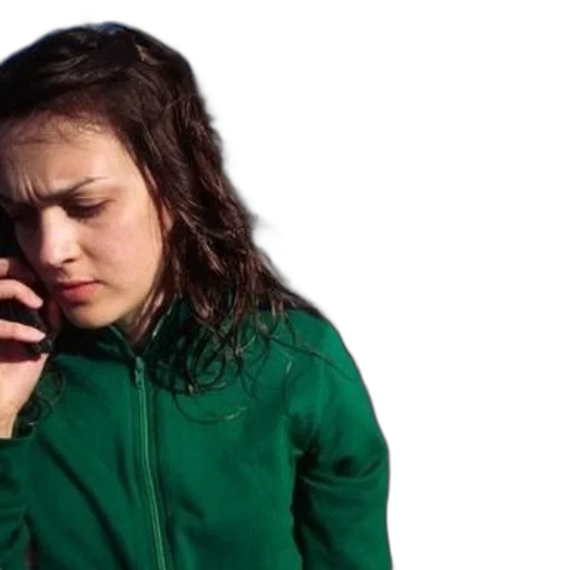 woman, green, jacket, talks, her, phone, while, standing transparent PNG cut-out