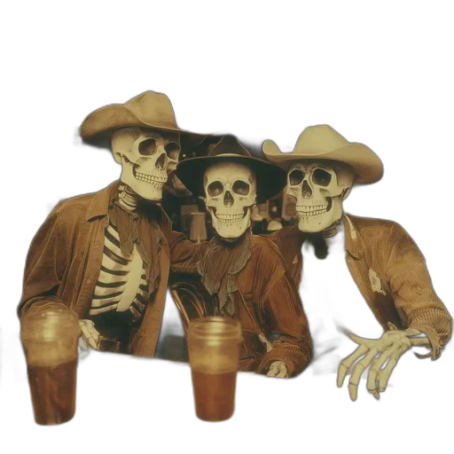 hat, mask, bottle, jewelry, three, skeletons, vintage, attire transparent PNG cut-out