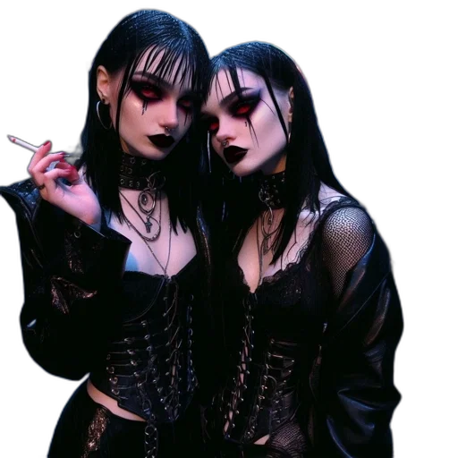 jacket, concept art, cyberpunk, photorealistic, dark, two, women, wearing transparent PNG cut-out