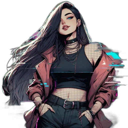 jacket, hair, dress, cyberpunk, concept art, comic book art, fantasy art, neon lights transparent PNG cut-out