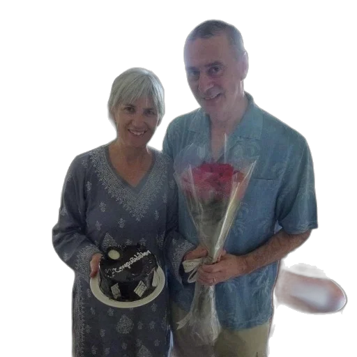 man, woman, stand, together, holding, cake, flowers transparent PNG cut-out