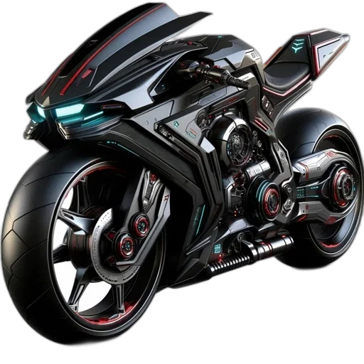 3d render, photorealistic, concept art, cyberpunk, futuristic, motorcycle, sleek, black transparent PNG cut-out