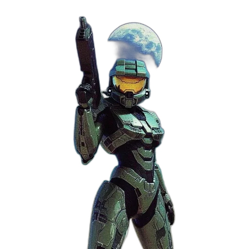 robot, weapon, staff, concept art, pixel art, vaporwave, 3d render, outer space transparent PNG cut-out