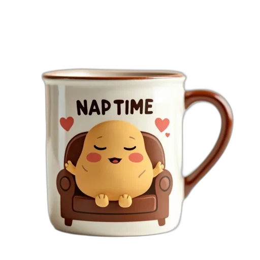 ceramic, mug, cartoon, character, sleeping, potato, couch, displayed transparent PNG cut-out