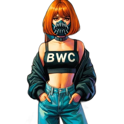 jacket, mask, comic book art, cyberpunk, concept art, vaporwave, female, character transparent PNG cut-out