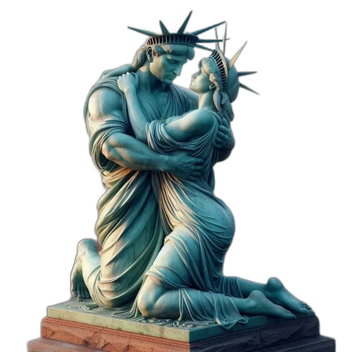 concept art, photorealistic, statue, liberty, justice, embrace, dramatic, scene transparent PNG cut-out