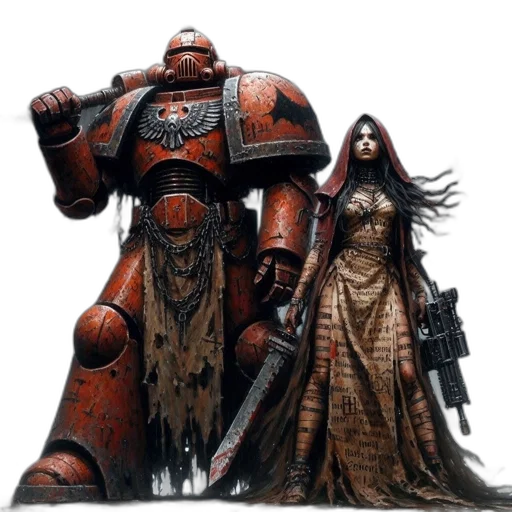 robot, concept art, fantasy art, comic book art, 3d render, red, two, figures transparent PNG cut-out