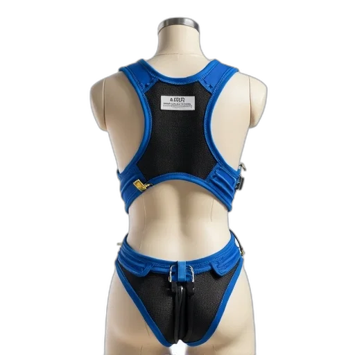 mannequin, wearing, blue, harness, gold, buckle, black, mesh transparent PNG cut-out
