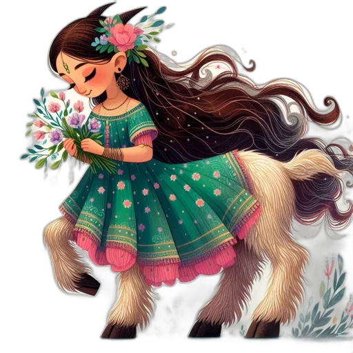 fantasy art, concept art, watercolor, cartoon, young, goat, girl, floral transparent PNG cut-out