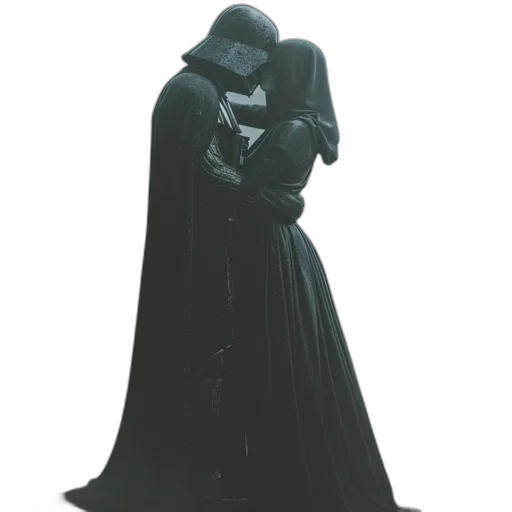 dress, mask, concept art, comic book art, dark, two, figures, one transparent PNG cut-out