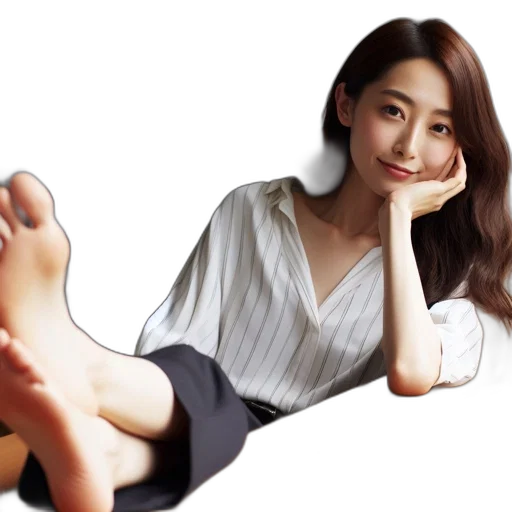 shoes, photorealistic, woman, rests, her, head, hand, while transparent PNG cut-out
