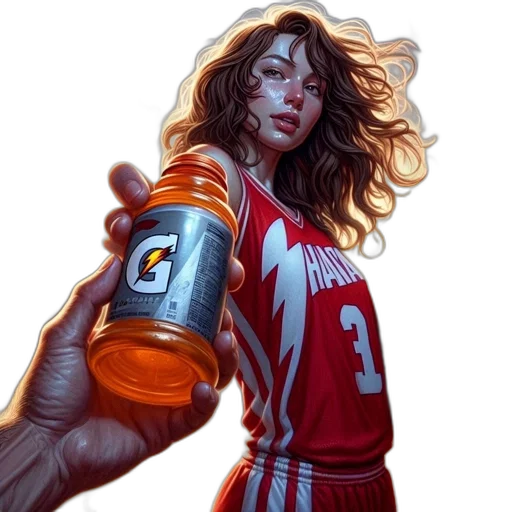 comic book art, concept art, fantasy art, photorealistic, red, young, woman, basketball transparent PNG cut-out