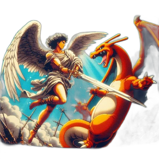 dragon, sword, fantasy art, concept art, pixel art, comic book art, vintage, crt transparent PNG cut-out