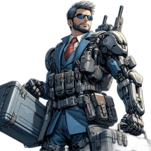 robot, jacket, weapon, concept art, comic book art, cyberpunk, pixel art, picture transparent PNG cut-out