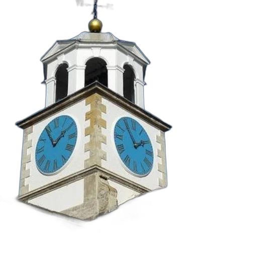 3d render, photorealistic, clock, tower, blue, faces, roman, numerals transparent PNG cut-out