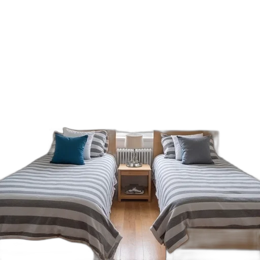 furniture, 3d render, photorealistic, earth tones, cozy, bedroom, two, beds transparent PNG cut-out