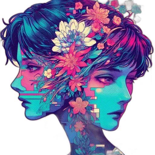 face, flower, crown, mask, fantasy art, pixel art, vaporwave, concept art transparent PNG cut-out