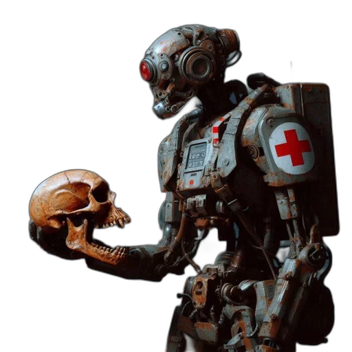 robot, concept art, cyberpunk, 3d render, pixel art, aged, rustic, red transparent PNG cut-out