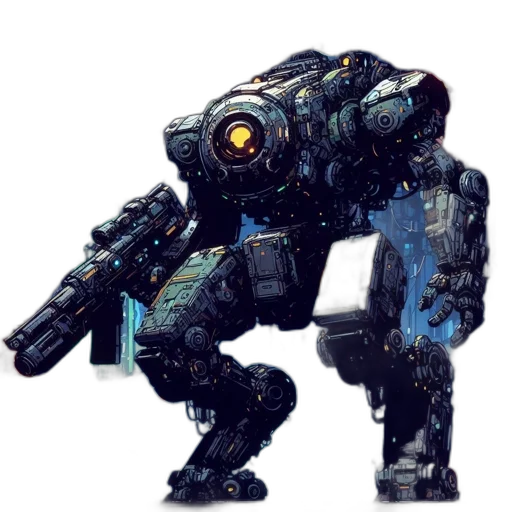 robot, weapon, concept art, pixel art, 3d render, cyberpunk, blue, bustling transparent PNG cut-out