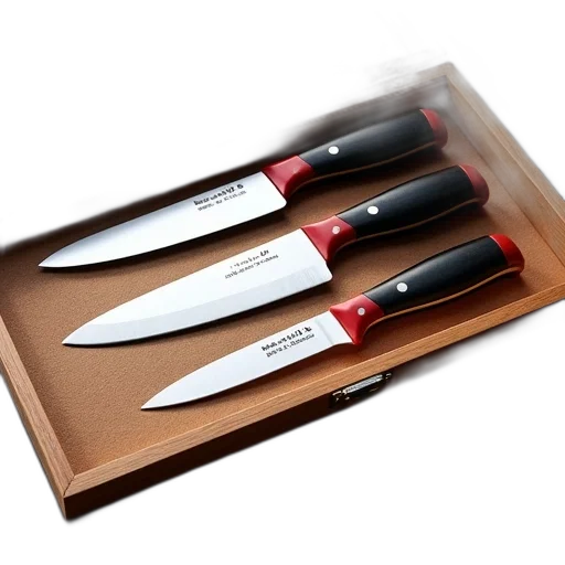 weapon, set, kitchen, knives, black, handles, red, accents transparent PNG cut-out