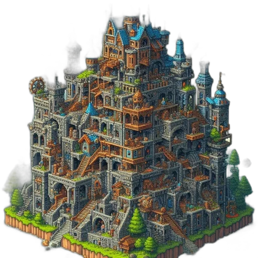 building, crown, pixel art, concept art, fantasy art, 3d render, forest, city street transparent PNG cut-out
