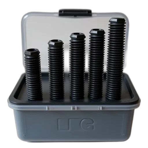 set, black, hexagonal, bolts, neatly, arranged, plastic, storage transparent PNG cut-out