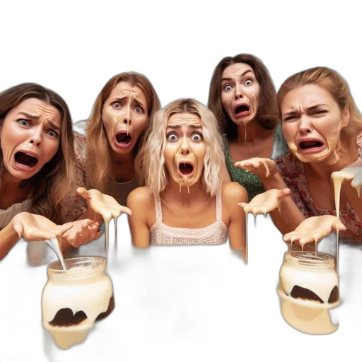 shoes, face, five, surprised, women, surround, table, oozing transparent PNG cut-out