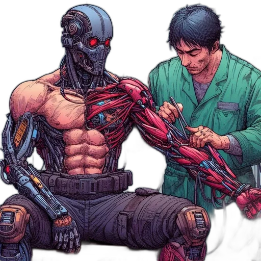 robot, comic book art, concept art, cyberpunk, apparent, laboratory, setting, scientist transparent PNG cut-out