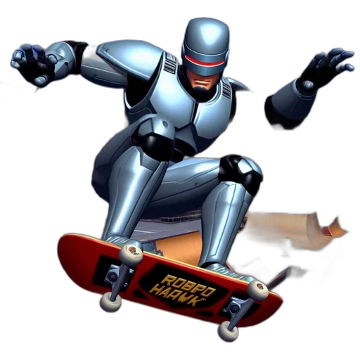 robot, concept art, 3d render, comic book art, photorealistic, image, robocop, skateboarding transparent PNG cut-out