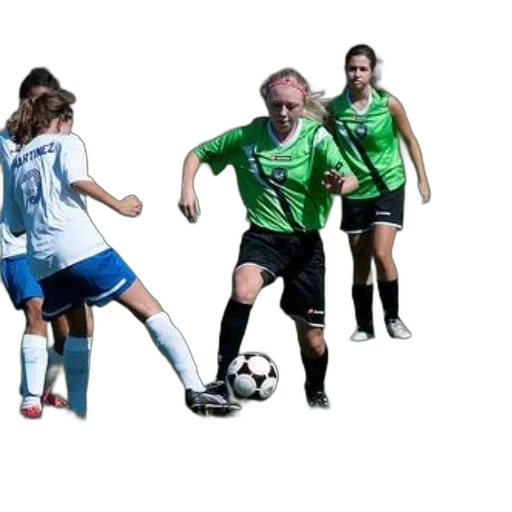 female, soccer, player, green, jersey, dribbles, ball, past transparent PNG cut-out