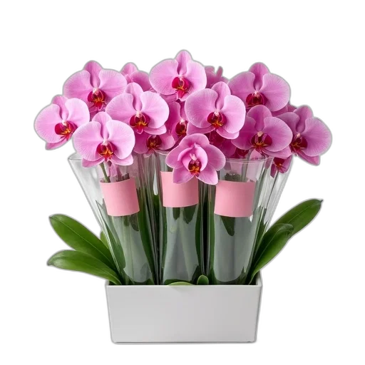 flower, photorealistic, 3d render, pastel, bouquet, pink, orchids, green transparent PNG cut-out