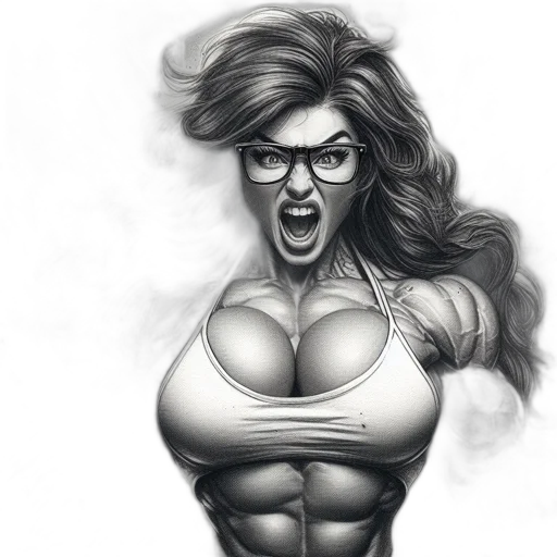 comic book art, pencil sketch, cartoon, photorealistic, muscular, woman, long, hair transparent PNG cut-out