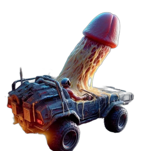 car, hat, hair, weapon, concept art, 3d render, vibrant, cosmic transparent PNG cut-out