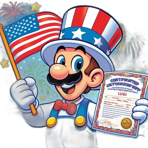 mario, super, games, stands, front, patriotic, backdrop, featuring transparent PNG cut-out