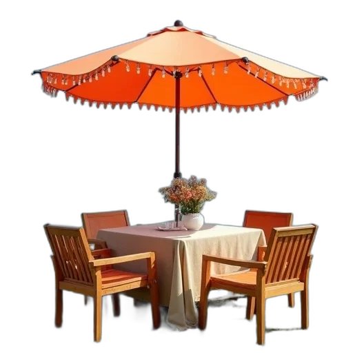 umbrella, furniture, 3d render, wooden, dining, table, set, four transparent PNG cut-out