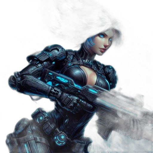 robot, weapon, concept art, cyberpunk, fantasy art, comic book art, blue, female transparent PNG cut-out