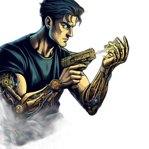 weapon, robot, comic book art, concept art, cyberpunk, fantasy art, golden, nighttime transparent PNG cut-out