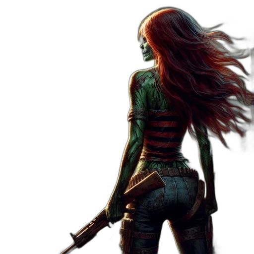 weapon, concept art, fantasy art, comic book art, pixel art, green, woman, greenish-blue transparent PNG cut-out