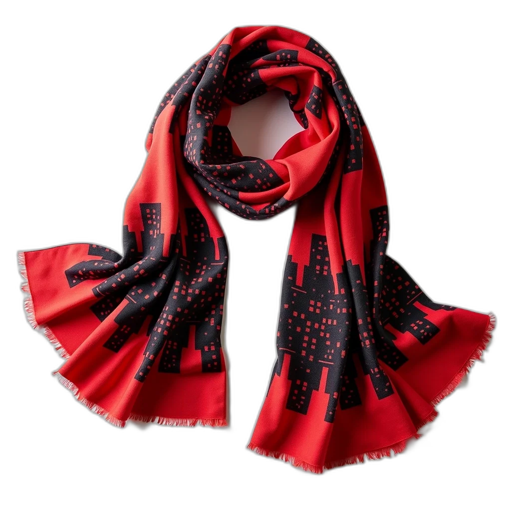 red, black, scarf, pattern, cityscape, night, draped, over transparent PNG cut-out
