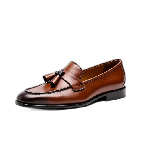 shoes, single, brown, leather, loafer, tassel, detail, front transparent PNG cut-out