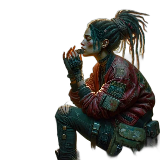 jacket, face, cyberpunk, concept art, comic book art, fantasy art, green, dark transparent PNG cut-out
