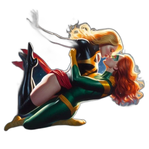 comic book art, concept art, fantasy art, two, female, superheroes, one, long transparent PNG cut-out