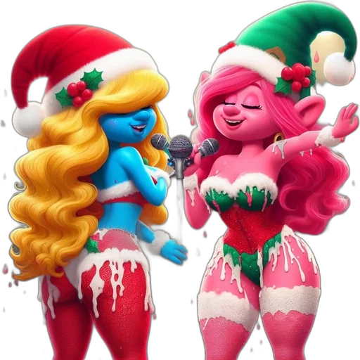 concept art, 3d render, cartoon, two, animated, christmas-themed, characters, dance transparent PNG cut-out