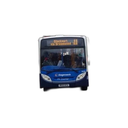 blue, bus, destination, stockport, via, broomwood, front transparent PNG cut-out
