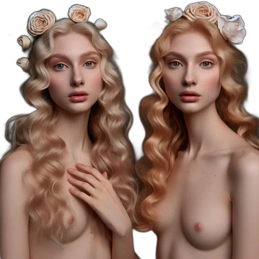 hair, photorealistic, 3d render, fantasy art, concept art, earth tones, two, women transparent PNG cut-out